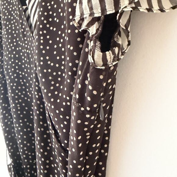 Adrianna Papell Silk Faux Wrap Dress Brown Polka Dot Pleated Sleeves Size 10 - Picture 3 of 10